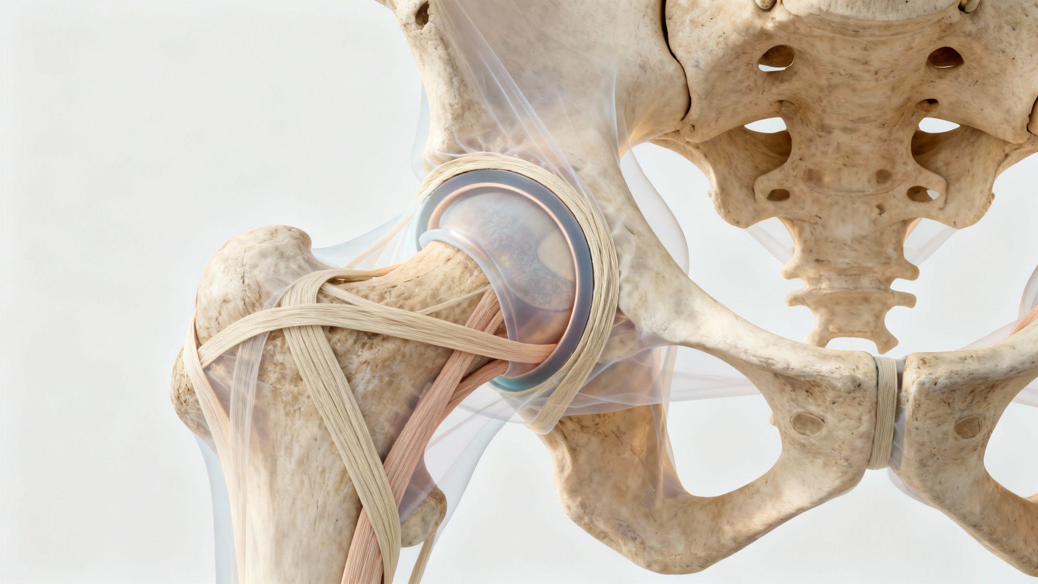 Ilustração anatômica da articulação do quadril, mostrando o fêmur, a pelve e os ligamentos